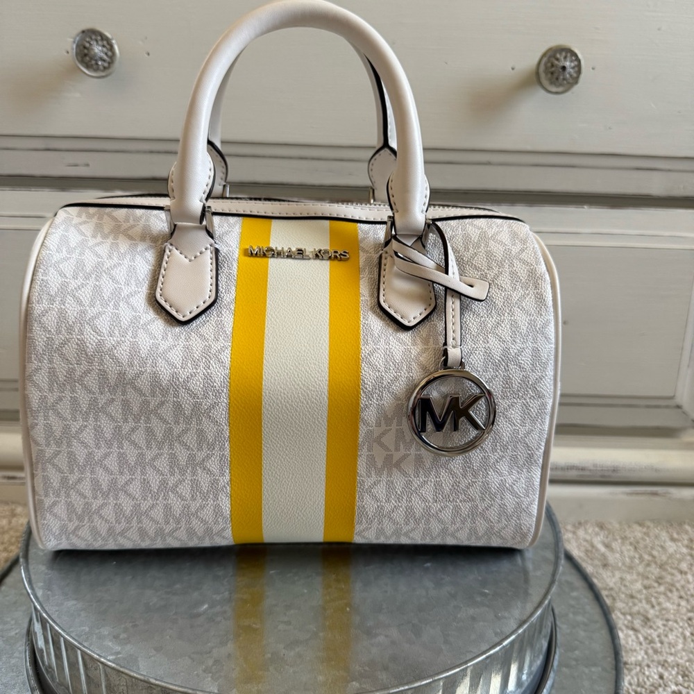 Michael Kors Bedford Small Duffle Satchel Crossbody Bag Bright White Stripe NWT